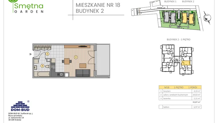 Rzut - Mieszkanie na sprzedaż 1 pokój o powierzchni 33,87 m² - numer 18 w Smętna Garden