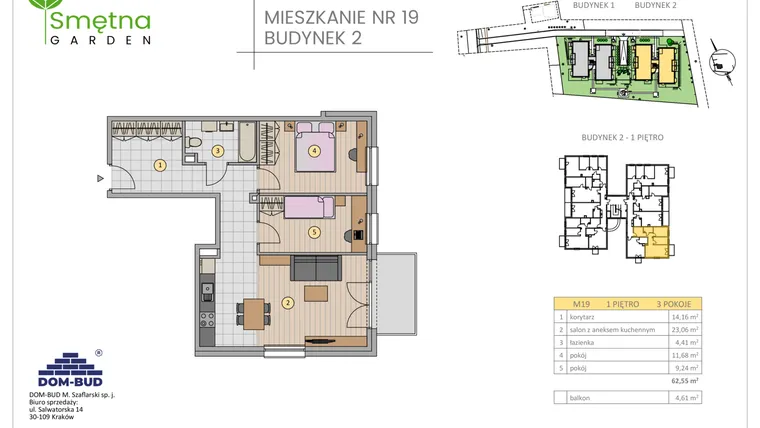 Rzut - Mieszkanie na sprzedaż 3 pokoje o powierzchni 62,55 m² - numer 19 w Smętna Garden