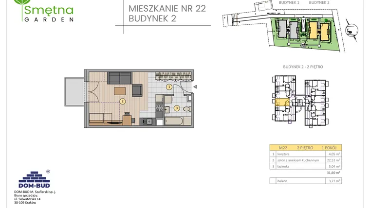 Rzut - Mieszkanie na sprzedaż 1 pokój o powierzchni 31,6 m² - numer 22 w Smętna Garden