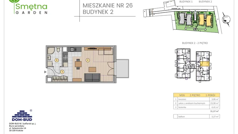 Rzut - Mieszkanie na sprzedaż 1 pokój o powierzchni 31,37 m² - numer 26 w Smętna Garden