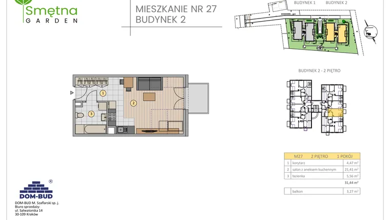 Rzut - Mieszkanie na sprzedaż 1 pokój o powierzchni 31,44 m² - numer 27 w Smętna Garden