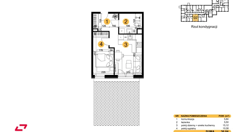 Rzut - Mieszkanie na sprzedaż 2 pokoje o powierzchni 36,84 m² - numer M02 w Punkt Wola