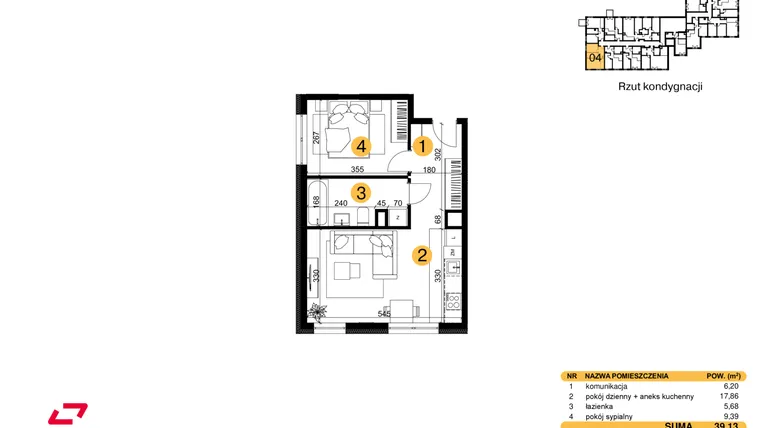 Rzut - Mieszkanie na sprzedaż 2 pokoje o powierzchni 39,13 m² - numer M04 w Punkt Wola
