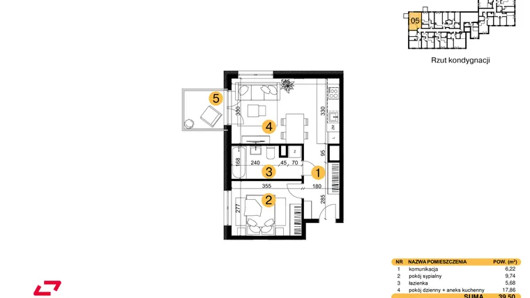 Rzut - Mieszkanie na sprzedaż 2 pokoje o powierzchni 39,5 m² - numer M05 w Punkt Wola