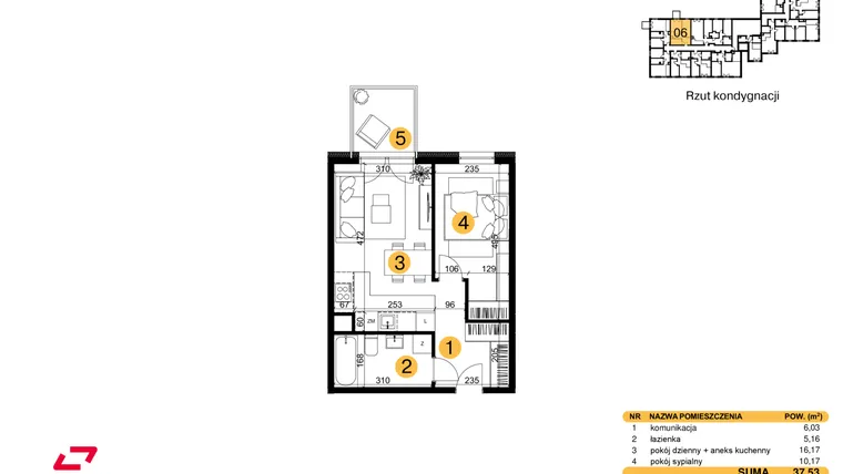 Rzut - Mieszkanie na sprzedaż 2 pokoje o powierzchni 37,53 m² - numer M06 w Punkt Wola