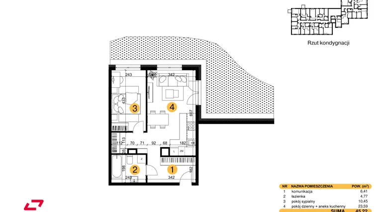 Rzut - Mieszkanie na sprzedaż 2 pokoje o powierzchni 45,22 m² - numer M09 w Punkt Wola