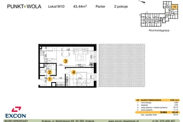 Rzut - Mieszkanie na sprzedaż 2 pokoje o powierzchni 43,44 m² - numer M10 w Punkt Wola