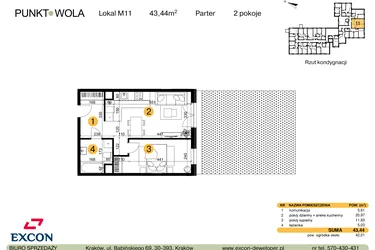 Rzut - Mieszkanie na sprzedaż 2 pokoje o powierzchni 43,44 m² - numer M11 w Punkt Wola