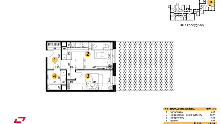 Rzut - Mieszkanie na sprzedaż 2 pokoje o powierzchni 43,44 m² - numer M11 w Punkt Wola
