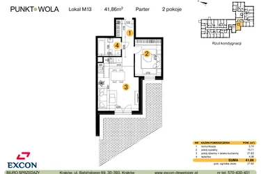 Rzut - Mieszkanie na sprzedaż 2 pokoje o powierzchni 41,86 m² - numer M13 w Punkt Wola