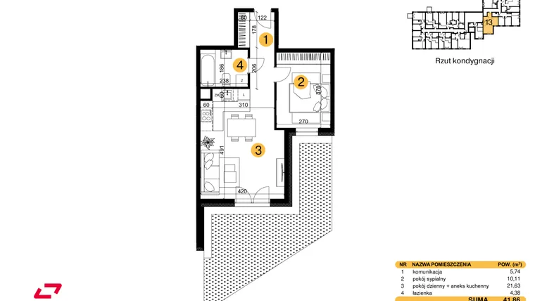 Rzut - Mieszkanie na sprzedaż 2 pokoje o powierzchni 41,86 m² - numer M13 w Punkt Wola
