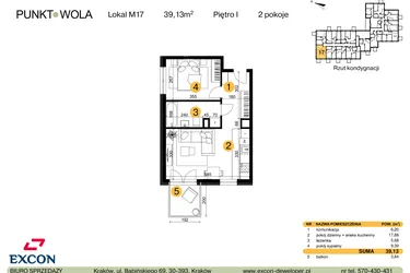 Rzut - Mieszkanie na sprzedaż 2 pokoje o powierzchni 39,13 m² - numer M17 w Punkt Wola