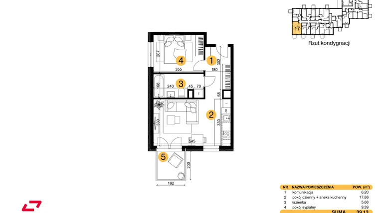 Rzut - Mieszkanie na sprzedaż 2 pokoje o powierzchni 39,13 m² - numer M17 w Punkt Wola
