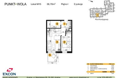 Rzut - Mieszkanie na sprzedaż 2 pokoje o powierzchni 36,7 m² - numer M15 w Punkt Wola