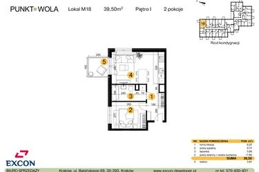 Rzut - Mieszkanie na sprzedaż 2 pokoje o powierzchni 39,5 m² - numer M18 w Punkt Wola