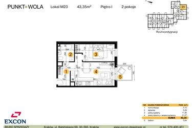 Rzut - Mieszkanie na sprzedaż 2 pokoje o powierzchni 43,35 m² - numer M23 w Punkt Wola