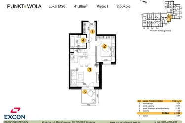 Rzut - Mieszkanie na sprzedaż 2 pokoje o powierzchni 41,86 m² - numer M26 w Punkt Wola