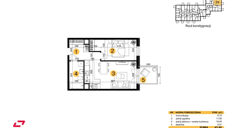Rzut - Mieszkanie na sprzedaż 2 pokoje o powierzchni 43,49 m² - numer M24 w Punkt Wola