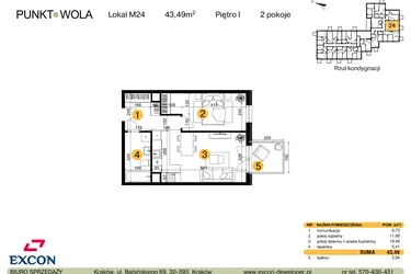 Rzut - Mieszkanie na sprzedaż 2 pokoje o powierzchni 43,49 m² - numer M24 w Punkt Wola