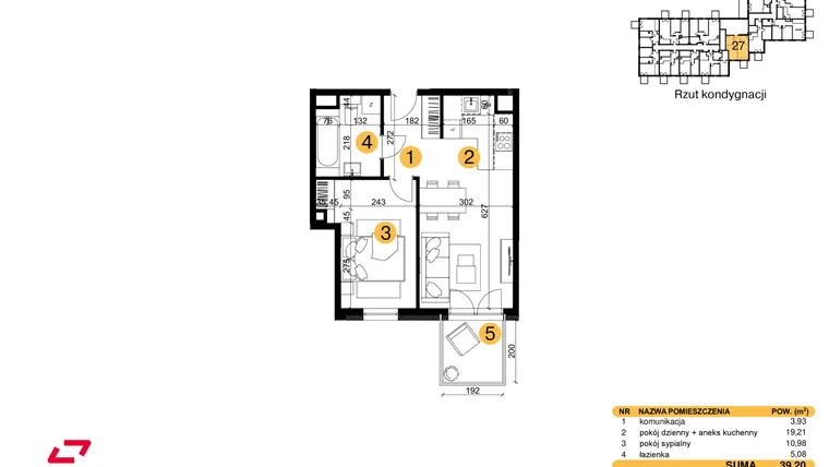 Rzut - Mieszkanie na sprzedaż 2 pokoje o powierzchni 39,2 m² - numer M27 w Punkt Wola