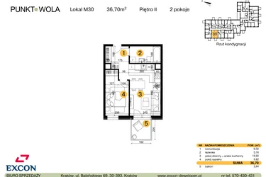 Rzut - Mieszkanie na sprzedaż 2 pokoje o powierzchni 36,7 m² - numer M30 w Punkt Wola