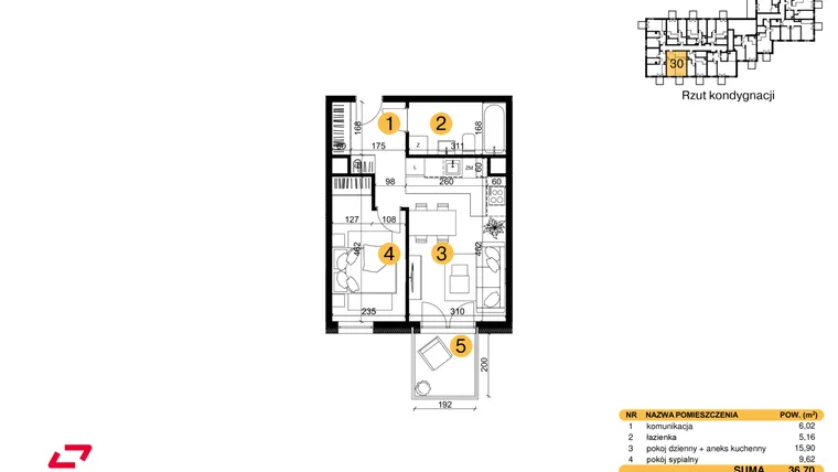 Rzut - Mieszkanie na sprzedaż 2 pokoje o powierzchni 36,7 m² - numer M30 w Punkt Wola