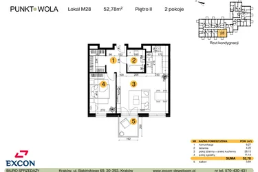 Rzut - Mieszkanie na sprzedaż 2 pokoje o powierzchni 52,78 m² - numer M28 w Punkt Wola