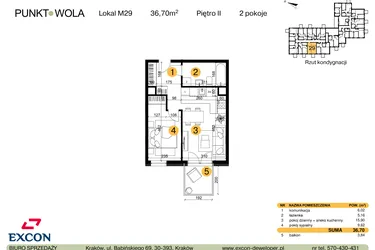 Rzut - Mieszkanie na sprzedaż 2 pokoje o powierzchni 36,7 m² - numer M29 w Punkt Wola