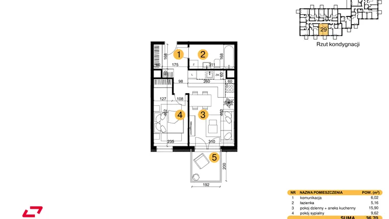 Rzut - Mieszkanie na sprzedaż 2 pokoje o powierzchni 36,7 m² - numer M29 w Punkt Wola
