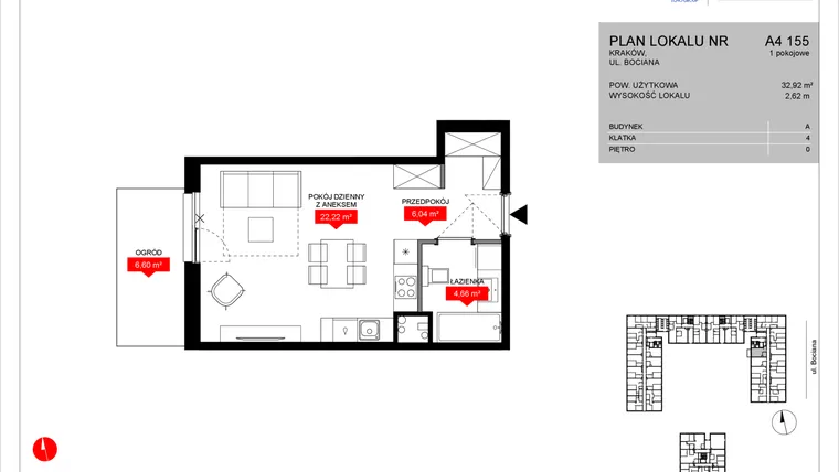 Rzut - Mieszkanie na sprzedaż 1 pokój o powierzchni 32,92 m² - numer A4 155 w Osiedle Bociana 5