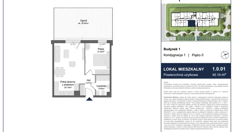 Rzut - Mieszkanie na sprzedaż 2 pokoje o powierzchni 45,19 m² - numer 1.0.01 w Rytelska