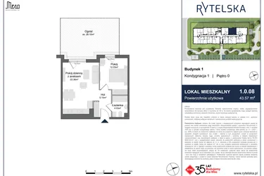 Rzut - Mieszkanie na sprzedaż 2 pokoje o powierzchni 43,57 m² - numer 1.0.08 w Rytelska