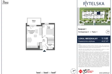 Rzut - Mieszkanie na sprzedaż 2 pokoje o powierzchni 43,57 m² - numer 1.1.02 w Rytelska