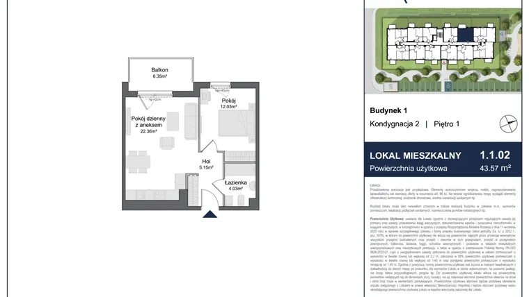 Rzut - Mieszkanie na sprzedaż 2 pokoje o powierzchni 43,57 m² - numer 1.1.02 w Rytelska