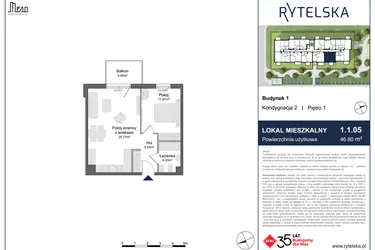 Rzut - Mieszkanie na sprzedaż 2 pokoje o powierzchni 46,8 m² - numer 1.1.05 w Rytelska