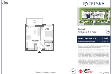 Rzut - Mieszkanie na sprzedaż 2 pokoje o powierzchni 45,04 m² - numer 1.1.08 w Rytelska