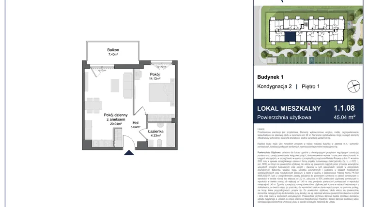 Rzut - Mieszkanie na sprzedaż 2 pokoje o powierzchni 45,04 m² - numer 1.1.08 w Rytelska