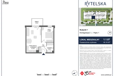 Rzut - Mieszkanie na sprzedaż 2 pokoje o powierzchni 45,19 m² - numer 1.1.07 w Rytelska