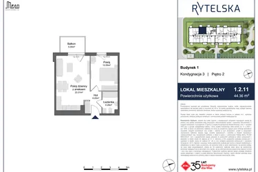 Rzut - Mieszkanie na sprzedaż 2 pokoje o powierzchni 44,36 m² - numer 1.2.11 w Rytelska