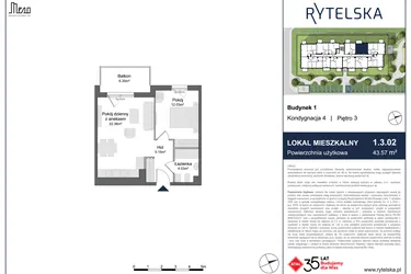 Rzut - Mieszkanie na sprzedaż 2 pokoje o powierzchni 43,57 m² - numer 1.3.02 w Rytelska