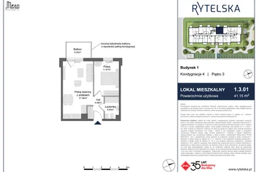 Rzut - Mieszkanie na sprzedaż 2 pokoje o powierzchni 41,15 m² - numer 1.3.01 w Rytelska