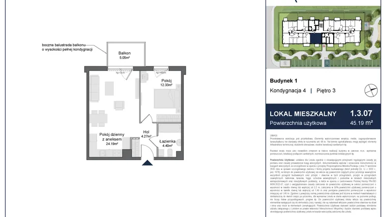 Rzut - Mieszkanie na sprzedaż 2 pokoje o powierzchni 45,19 m² - numer 1.3.07 w Rytelska