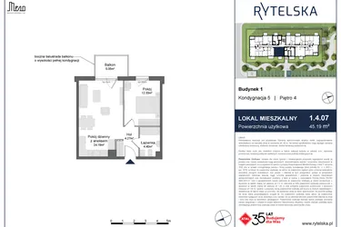 Rzut - Mieszkanie na sprzedaż 2 pokoje o powierzchni 45,19 m² - numer 1.4.07 w Rytelska