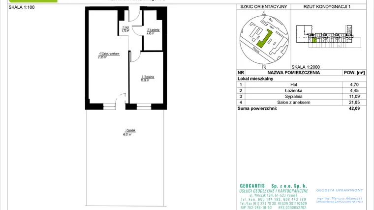 Rzut - Mieszkanie na sprzedaż 2 pokoje o powierzchni 42,09 m² - numer 28/2 w Symfonia Ptasia 28