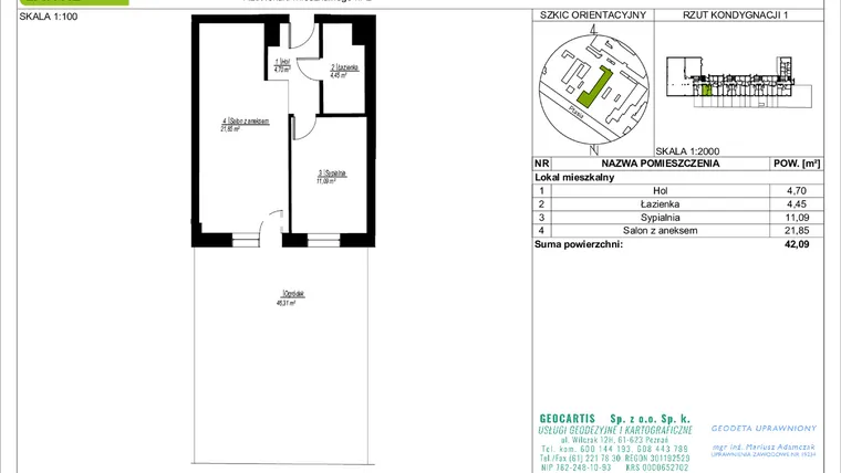 Rzut - Mieszkanie na sprzedaż 2 pokoje o powierzchni 42,09 m² - numer 2 w Symfonia Ptasia 28