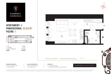 Rzut - Mieszkanie na sprzedaż 1 pokój o powierzchni 33,83 m² - numer 4 w Kamienica Siemensa