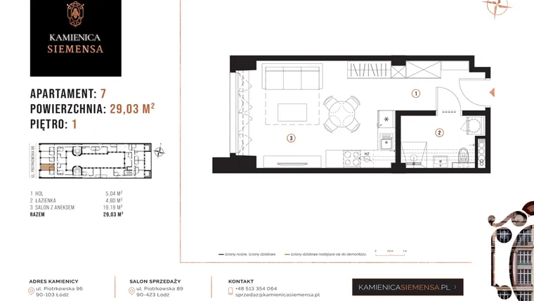 Rzut - Mieszkanie na sprzedaż 1 pokój o powierzchni 28,5 m² - numer 7 w Kamienica Siemensa