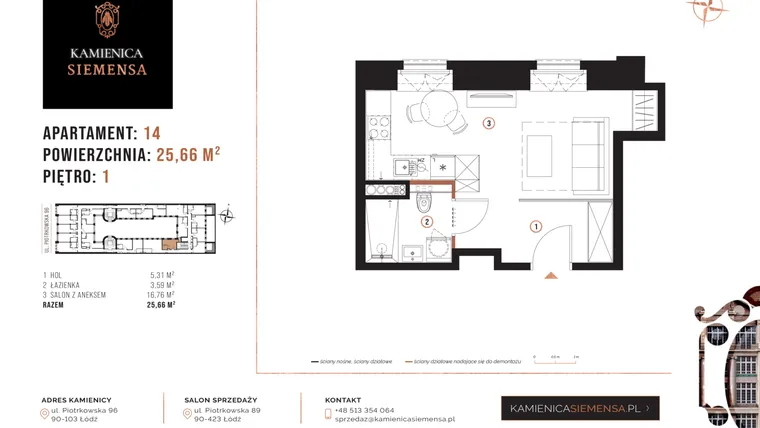 Rzut - Mieszkanie na sprzedaż 1 pokój o powierzchni 25,66 m² - numer 14 w Kamienica Siemensa