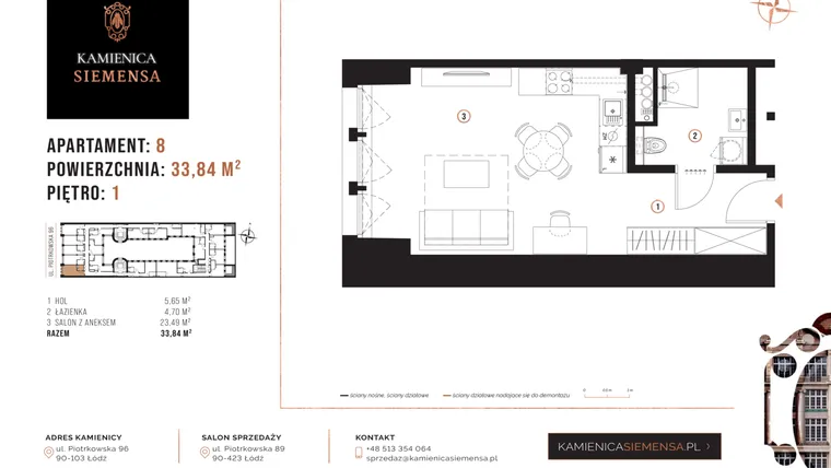 Rzut - Mieszkanie na sprzedaż 1 pokój o powierzchni 33,84 m² - numer 8 w Kamienica Siemensa