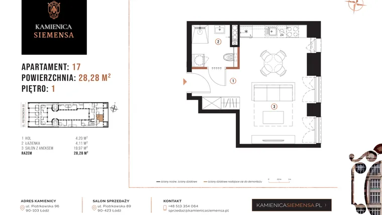 Rzut - Mieszkanie na sprzedaż 1 pokój o powierzchni 28,28 m² - numer 17 w Kamienica Siemensa